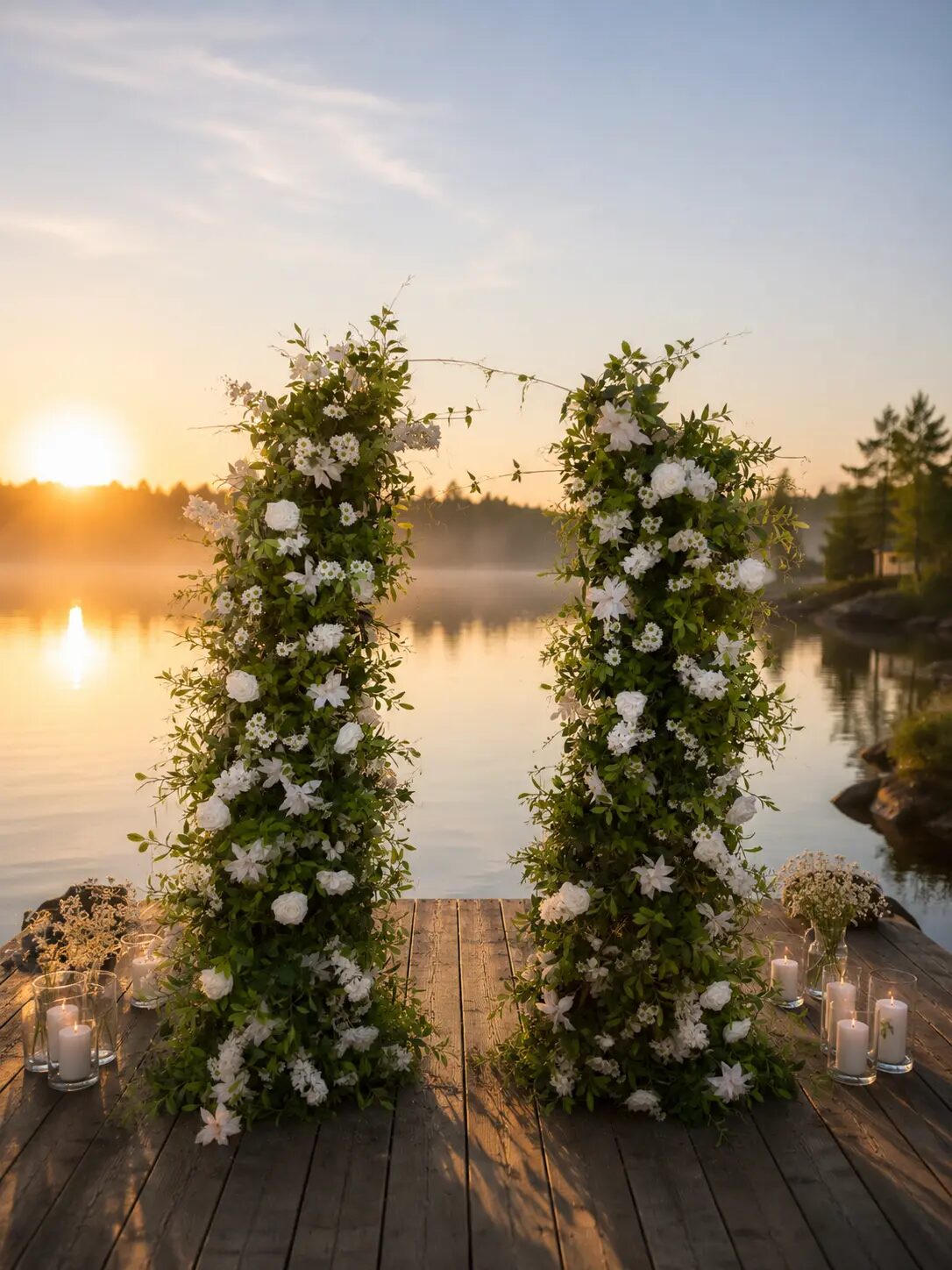 Hääkaaret järvellä auringonnousussa